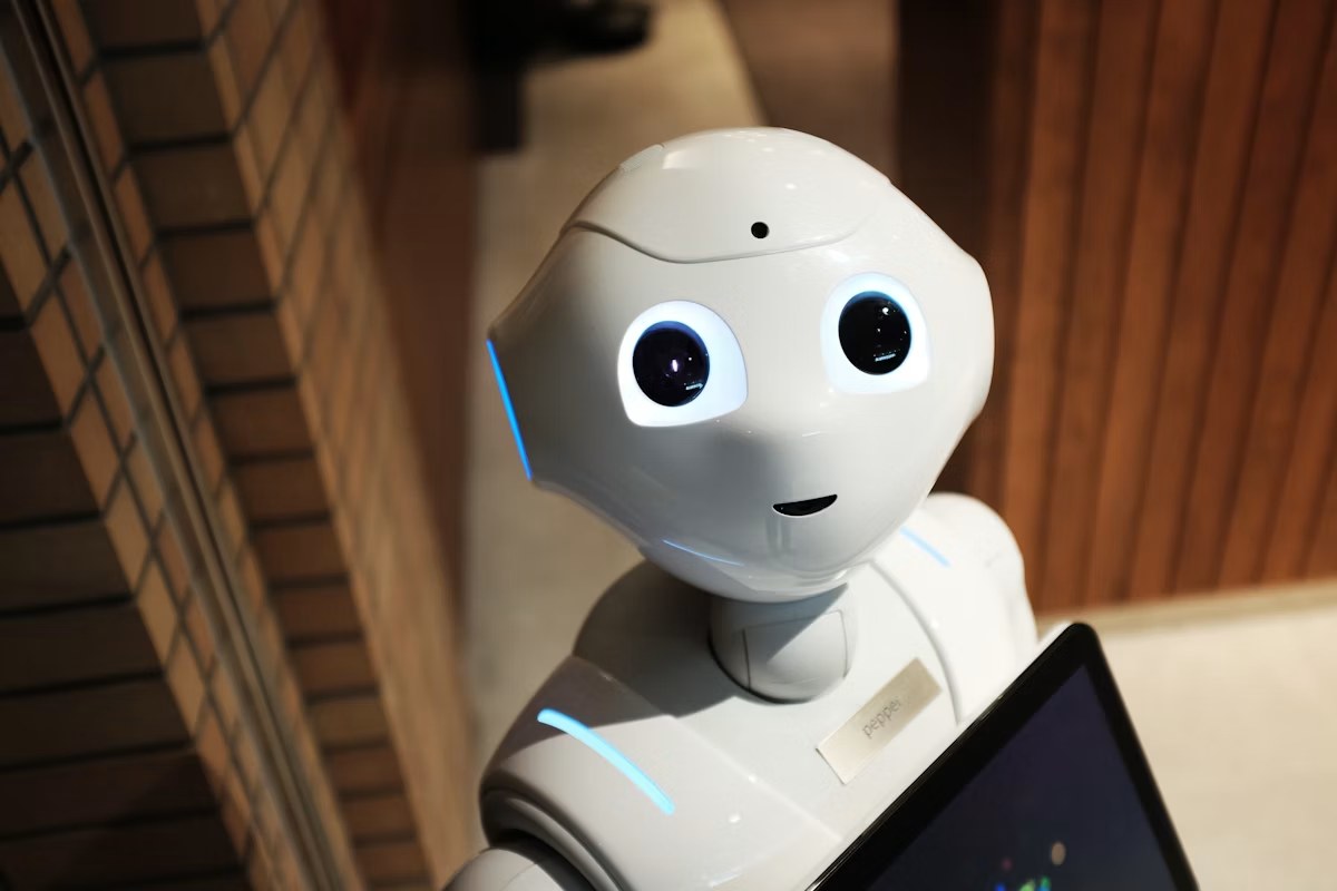 Humanoid robot in a technology lab